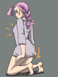 Size: 600x800 | Tagged: safe, artist:moronsonofboron, character:sweetie belle, species:human, barefoot, bottomless, braid, clothing, cute, diasweetes, feet, female, gray background, humanized, kneeling, older, older sweetie belle, partial nudity, simple background, solo