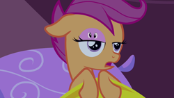 Size: 1280x720 | Tagged: safe, artist:capnpea, edit, edited screencap, screencap, character:scootaloo, character:twilight sparkle, species:pegasus, species:pony, episode:sleepless in ponyville, g4, my little pony: friendship is magic, bedroom eyes, eyelid, fimbriae, floppy ears, frown, open mouth, smiling, wat