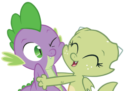 Size: 600x441 | Tagged: safe, artist:queencold, character:spike, oc, oc:jade, species:dragon, dragon oc, dragoness, duo, eyes closed, female, hug, male, one eye closed, simple background, squishy cheeks, transparent background