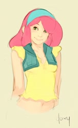 Size: 514x843 | Tagged: safe, artist:doxy, character:apple bloom, species:human, clothing, female, humanized, light skin, midriff, simple background, smiling, solo
