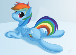 Size: 2500x1816 | Tagged: safe, artist:skipsy, edit, character:rainbow dash, species:pegasus, species:pony, cute, dashabetes, female, looking at you, mare, plot, prone, signature, smiling, solo