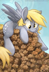 Size: 558x820 | Tagged: safe, artist:kenket, artist:spainfischer, character:derpy hooves, species:pegasus, species:pony, g4, cute, derpabetes, female, mare, muffin, pile, smiling, solo, spread wings, that pony sure does love muffins, traditional art, underhoof, wings