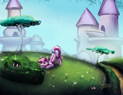 Size: 4000x3109 | Tagged: safe, artist:alumx, character:princess cadance, character:twilight sparkle, species:alicorn, species:pony, species:unicorn, bow, bush, bushicorn, canterlot, cute, eye, eyes, eyes on the prize, face down ass up, female, filly, grass, hiding, lidded eyes, mare, ribbon, shiny, smiling, smirk, tail bow, teen princess cadance, tree, twilight bushel, younger