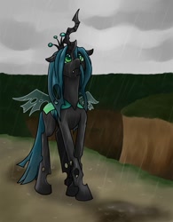 Size: 1500x1926 | Tagged: safe, artist:mrs1989, character:queen chrysalis, species:changeling, changeling queen, female, rain, sad