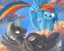 Size: 855x689 | Tagged: safe, artist:kenket, artist:spainfischer, character:rainbow dash, character:thunderlane, species:pegasus, species:pony, backwards cutie mark, cloud, female, looking at each other, male, mare, open mouth, sky, smiling, stallion
