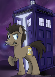 Size: 486x680 | Tagged: safe, artist:spainfischer, character:doctor whooves, character:time turner, doctor who, male, solo, sonic screwdriver, tardis