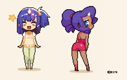 Size: 593x372 | Tagged: safe, artist:doxy, character:rarity, character:twilight sparkle, species:human, blushing, clothing, dark skin, dress, eyes closed, high heels, horned humanization, humanized, looking at you, looking back, looking back at you, pixel art, shoes, simple background