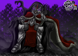 Size: 2222x1600 | Tagged: safe, artist:mauroz, character:king sombra, species:human, grin, humanized, looking at you, male, my little pony logo, shadow, sitting, smiling, solo, sombra eyes, throne, throne slouch