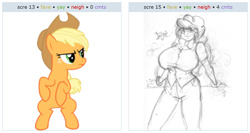 Size: 1056x562 | Tagged: safe, artist:moronsonofboron, character:applejack, character:twist, big breasts, breasts, busty twist, exploitable meme, female, glasses, humanized, juxtaposition, juxtaposition win, simple background, vector, white background
