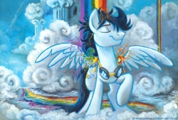 Size: 934x633 | Tagged: safe, artist:kenket, artist:spainfischer, character:soarin', species:pegasus, species:pony, cloudsdale, eyes closed, featured on derpibooru, goggles, male, messy mane, old cutie mark, rainbow, raised hoof, shower, smiling, solo, spread wings, stallion, stupid sexy soarin', traditional art, wet, wet mane, wings