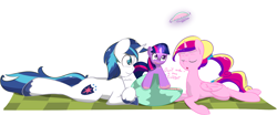 Size: 1280x532 | Tagged: dead source, safe, artist:kryptchild, character:princess cadance, character:shining armor, character:twilight sparkle, :o, :t, eyes closed, filly, food, magic, prank, prone, smiling, telekinesis, watermelon, wavy mouth