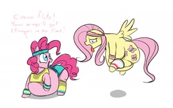 Size: 1520x950 | Tagged: safe, artist:calorie, character:fluttershy, character:pinkie pie, exercise, failed workout, fat, fattershy, need to lose weight, obese, piggy pie, pudgy pie, sweat, sweatband, tongue out