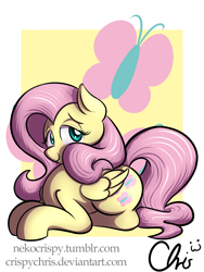 Size: 1800x2400 | Tagged: safe, artist:nekocrispy, character:fluttershy, species:pegasus, species:pony, cutie mark background, female, lidded eyes, lying down, mare, smiling, solo