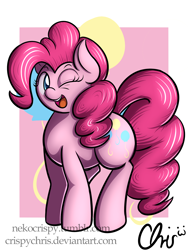 Size: 1800x2400 | Tagged: safe, artist:nekocrispy, character:pinkie pie, species:earth pony, species:pony, cutie mark background, female, mare, one eye closed, open mouth, smiling, solo, wink