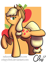 Size: 1800x2400 | Tagged: safe, artist:nekocrispy, character:applejack, species:earth pony, species:pony, cutie mark background, female, hair over one eye, looking back, mare, raised hoof, raised leg, smiling, solo