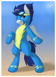 Size: 1833x2500 | Tagged: safe, artist:skipsy, character:soarin', species:pegasus, species:pony, bipedal, clothing, grin, male, smiling, solo, stallion, uniform, wonderbolts uniform
