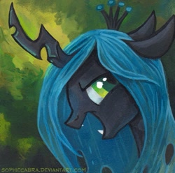 Size: 459x455 | Tagged: safe, artist:kenket, artist:spainfischer, character:queen chrysalis, species:changeling, bust, changeling queen, female, portrait, profile, smiling, solo, traditional art