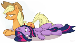 Size: 1176x668 | Tagged: safe, artist:gsphere, character:applejack, character:twilight sparkle, stoned