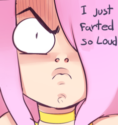 Size: 325x346 | Tagged: safe, artist:doxy, character:fluttershy, species:human, :<, angry, close-up, dialogue, faec, female, frown, hair over one eye, humanized, implied farting, solo, text