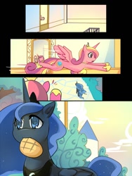Size: 750x1000 | Tagged: safe, artist:bakki, character:princess cadance, character:princess luna, oc, oc:mirror gleam, bread, comic, disguised baby changeling, melon bread