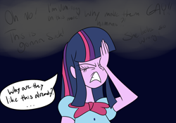 Size: 1280x896 | Tagged: safe, artist:mofetafrombrooklyn, character:twilight sparkle, my little pony:equestria girls, equestria girls drama, eyes closed, facepalm, female, solo, upset