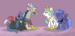 Size: 1100x525 | Tagged: safe, artist:spainfischer, character:discord, character:princess celestia, character:princess luna, character:queen chrysalis, species:alicorn, species:changeling, species:draconequus, species:pony, angry, bully, bullying, cewestia, changeling queen, cute, cutealis, defending, discute, female, filly, filly queen chrysalis, foal, laughing, male, nymph, sad, woona, young discord, younger