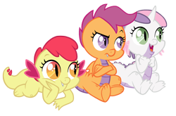 Size: 900x595 | Tagged: safe, artist:queencold, character:apple bloom, character:scootaloo, character:sweetie belle, species:dragon, species:pegasus, species:pony, adorabloom, baby dragon, cute, cutealoo, cutie mark crusaders, diasweetes, dragon bloom, dragoness, dragonified, female, scootadragon, simple background, species swap, sweetie dragon, transparent background, trio