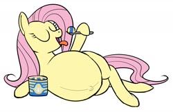 Size: 1684x1100 | Tagged: safe, artist:calorie, character:fluttershy, belly button, eating, female, ice cream, pregnant, solo, spoon