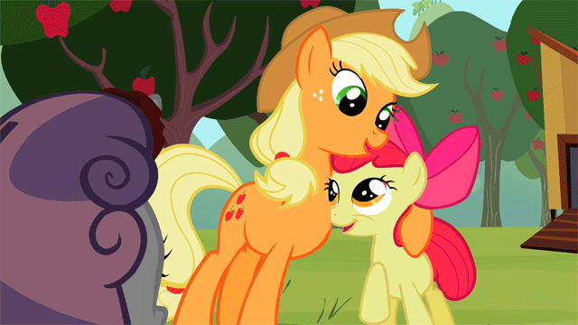 Size: 640x360 | Tagged: safe, artist:capnpea, edit, edited screencap, screencap, character:apple bloom, character:applejack, character:sweetie belle, species:earth pony, species:pony, species:unicorn, episode:sisterhooves social, g4, my little pony: friendship is magic, animated, decapitated, decapitation, eye contact, female, filly, fimbriae, hug, i must go, looking at each other, mare, not salmon, open mouth, raised hoof, severed head, smiling, wat