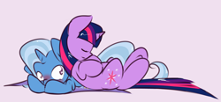 Size: 1408x655 | Tagged: safe, artist:kryptchild, character:trixie, character:twilight sparkle, character:twilight sparkle (unicorn), species:pony, species:unicorn, ship:twixie, blushing, cuddling, cute, eyes closed, female, lesbian, mare, on back, pony pillow, prone, request, shipping, simple background, sleeping, smiling, snuggling, underhoof, white background, wide eyes