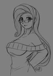Size: 711x1024 | Tagged: safe, artist:scorpdk, character:rarity, species:human, breasts, busty rarity, cleavage, female, glasses, humanized, monochrome, sketch, solo