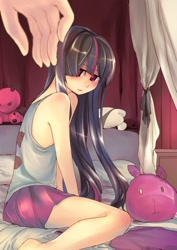 Size: 615x870 | Tagged: safe, artist:bakki, character:twilight sparkle, species:human, bed, colored pupils, female, humanized, plushie, sitting, solo focus