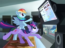Size: 1100x810 | Tagged: safe, artist:gsphere, character:ahuizotl, character:daring do, character:rainbow dash, character:twilight sparkle, dance dance revolution, dancing, rhythm game, video game