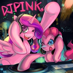Size: 1280x1280 | Tagged: safe, artist:bakki, character:pinkie pie, character:princess cadance, headphones, licking lips, looking at you, missing accessory, open mouth, record, smiling, spread wings, tongue out, turntable, wings, wink