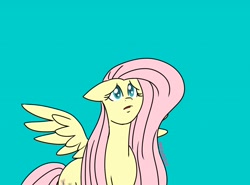 Size: 1280x947 | Tagged: safe, artist:mofetafrombrooklyn, character:fluttershy, species:pegasus, species:pony, female, floppy ears, looking up, mare, open mouth, simple background, solo, spread wings, three quarter view, wings
