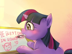 Size: 800x600 | Tagged: safe, artist:bakki, character:twilight sparkle, blushing, crayon, cute, drawing, father's day, female, filly, heart, heartwarming, mouth hold, smiling, solo, twiabetes