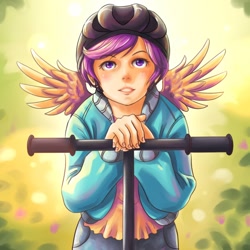 Size: 800x800 | Tagged: safe, artist:ninjaham, character:scootaloo, species:human, species:pegasus, species:pony, clothing, cute, cutealoo, female, helmet, humanized, jacket, pony coloring, scooter, solo, winged humanization
