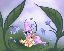 Size: 2000x1600 | Tagged: dead source, safe, artist:ninjaham, character:fluttershy, character:trixie, species:pegasus, species:pony, species:unicorn, ship:trixieshy, acdsee, colored pupils, cute, diatrixes, duo, female, flower, grass, lesbian, mare, prone, shipping, shyabetes, smiling, trixie's cape, trixie's hat