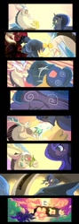 Size: 532x1500 | Tagged: safe, artist:bakki, character:discord, character:princess luna, oc, oc:mirror gleam, comic, disguised baby changeling, wat