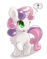 Size: 610x770 | Tagged: safe, artist:ninjaham, character:sweetie belle, species:pony, species:unicorn, chest fluff, confused, cute, diasweetes, female, filly, one hoof raised, question mark, solo, thought bubble