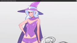 Size: 1366x768 | Tagged: safe, artist:doxy, character:trixie, species:human, cape, clothing, female, game, gray background, hat, horned humanization, humanized, preview, princess destiny, simple background, solo, trixie's cape, trixie's hat, vest, youtube link