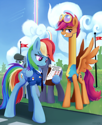 Size: 526x640 | Tagged: safe, artist:gsphere, edit, character:rainbow dash, character:scootaloo, species:pegasus, species:pony, /mlp/, academy record, are you frustrated?, clothing, long neck, meme, necc, uniform, wat, wonderbolt trainee uniform, wonderbolts