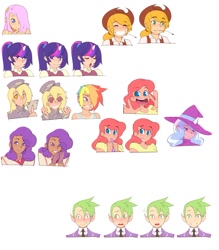 Size: 984x1125 | Tagged: safe, artist:doxy, character:applejack, character:derpy hooves, character:fluttershy, character:pinkie pie, character:rainbow dash, character:rarity, character:spike, character:trixie, character:twilight sparkle, species:human, alternate hairstyle, applejack's hat, blushing, bust, clothing, cowboy hat, elf ears, embarrassed, eyes closed, hair over one eye, hat, heart eyes, horned humanization, humanized, looking at you, mane six, necktie, open mouth, ponytail, portrait, princess destiny, simple background, smiling, trixie's hat, white background, wingding eyes