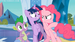 Size: 1280x715 | Tagged: safe, artist:capnpea, edit, character:pinkie pie, character:spike, character:twilight sparkle, fimbriae, flounder, wat