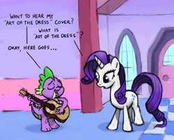 Size: 1000x805 | Tagged: safe, artist:gsphere, character:rarity, character:spike, ship:sparity, art of the dress, female, guitar, male, musical instrument, playing guitar, playing instrument, shipping, song, song cover, straight