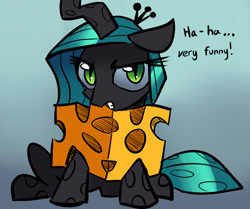 Size: 2227x1859 | Tagged: safe, artist:gsphere, character:queen chrysalis, species:changeling, changeling queen, cheese, cheeselegs, cute, cutealis, female, glare, gritted teeth, looking at you, queen swissalis, sitting, solo, unamused