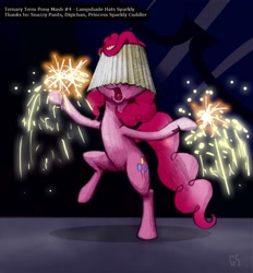 Size: 881x950 | Tagged: safe, artist:gsphere, character:pinkie pie, species:earth pony, species:pony, g4, bipedal, dancing, female, fireworks, lampshade, mare, party, photoshop, solo