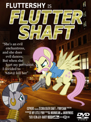 Size: 1280x1711 | Tagged: safe, artist:gsphere, character:fluttershy, character:zecora, species:pegasus, species:pony, species:zebra, afro, crossover, flutterguy, gun, moustache, movie poster, parody, photoshop, poster, weapon