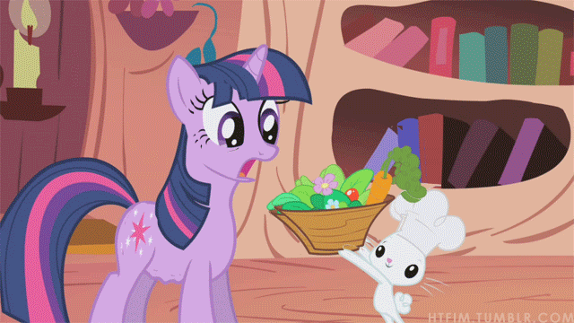 Size: 640x360 | Tagged: safe, artist:capnpea, edit, character:angel bunny, character:applejack, character:fluttershy, character:pinkie pie, character:rainbow dash, character:rarity, character:spike, character:twilight sparkle, animated, bowl, carrot, chef's hat, clothing, cutie mark, fimbriae, glitch, hat, holding, lettuce, mane seven, mane six, not salmon, salad, wat