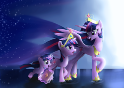 Size: 4092x2893 | Tagged: safe, artist:gashiboka, character:twilight sparkle, character:twilight sparkle (alicorn), character:twilight sparkle (unicorn), species:alicorn, species:pony, species:unicorn, age progression, big crown thingy, book, ethereal mane, female, filly, filly twilight sparkle, galaxy mane, hilarious in hindsight, magic, mare, older twilight, regalia, ripple, this will end in timeline distortion, time paradox, ultimate twilight, water